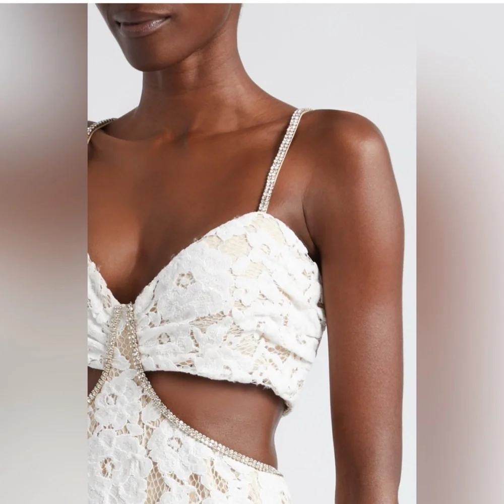 Likely Sarah Cutout Lace Feather Trim Maxi Dress